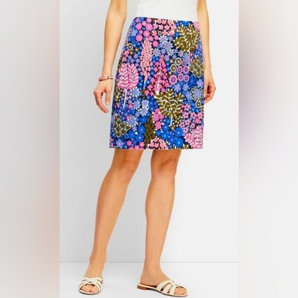 Talbots Blue Pink Floral Mini A Line Lined Cotton Stretch Blend Zip Skirt Bright - Picture 2 of 12